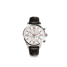 Montegrappa Fortuna Chronograph, Steel, Silver Dial with Red Gold Accents Dial, Black Leather Strap (IDFOWCLR)